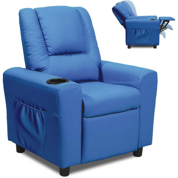 GNMLP Children Recliner Chair with Cup Holder&Side Pocket,Toddler Recliner Chair with Adjustable Footrest -Navy Blue