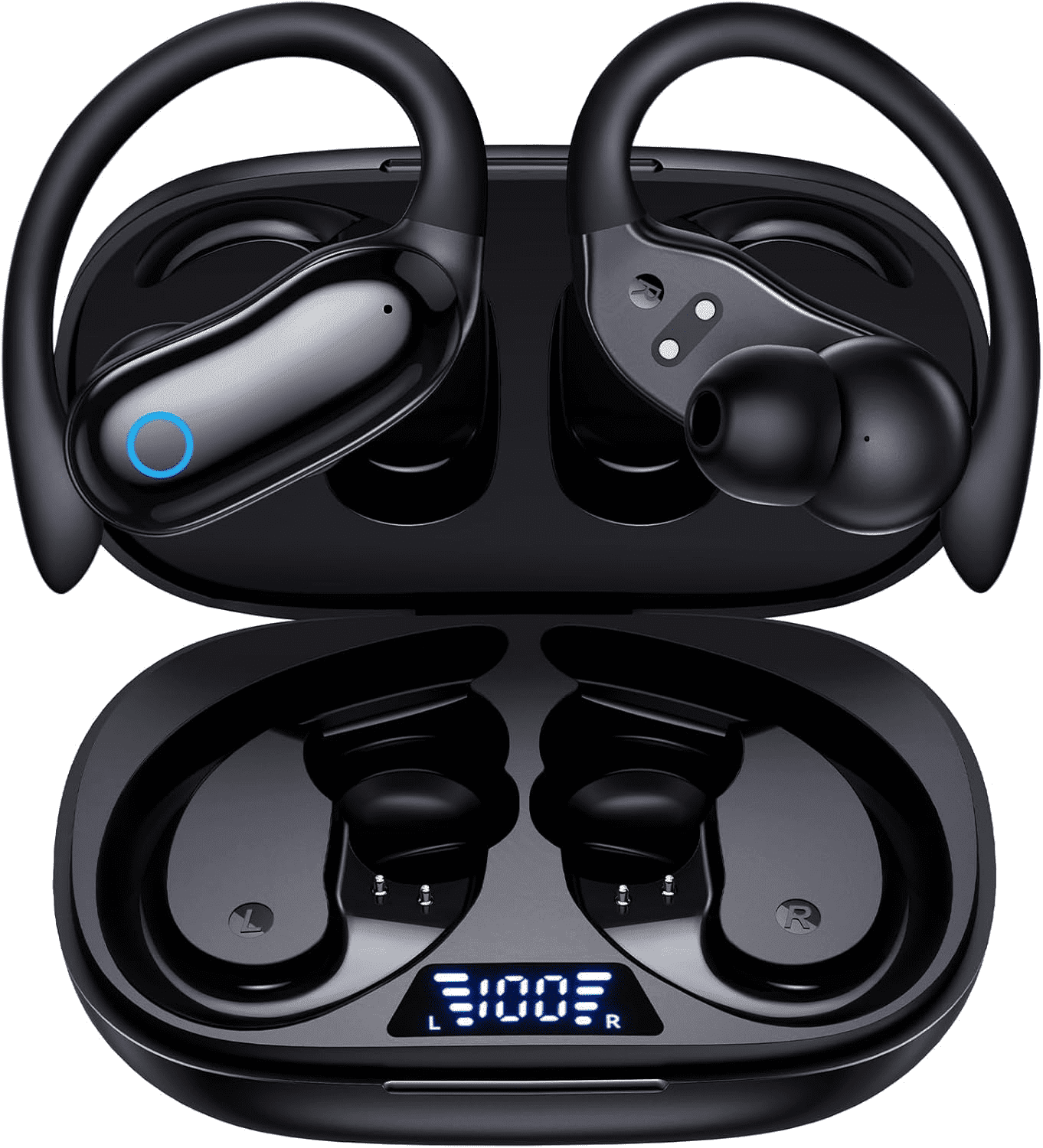GNMN Active Noise Cancelling Ear Buds Wireless Earbuds 96hrs Playback Bluetooth Headphones Dual Battery Display Stereo Bass Earphones with Earhooks Microphone IPX7 Waterproof for Sports/Workout