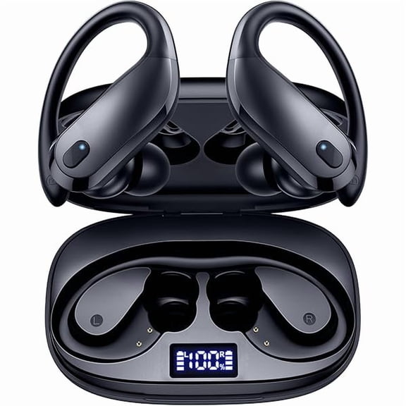 GNMN Wireless Earbuds Bluetooth Headphones Over Ear Buds 90H Playback IPX7 Waterproof Sports Earphones Deep Bass with Wireless Charging Case Dual LED Power Display Earhooks Headset for Running Black