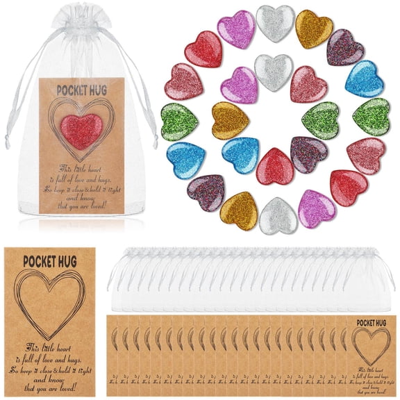 GNOIX 24 Set Pocket Hug Token Bulk Heart Shape Stones with Hug Card Organza Bag, Greeting Keepsake Exchange Relationship Card for Friend Family Colleague Back to School Gifts