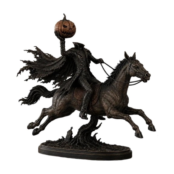 GNOIX Light Up Headless Horseman Statue, Resin Halloween Rider with Glowing Pumpkin Head for Tabletop, Mantel, Shelf, Haunted House and Gothic Party Decor, 9 x 9.81 Inch, Antique Bronze