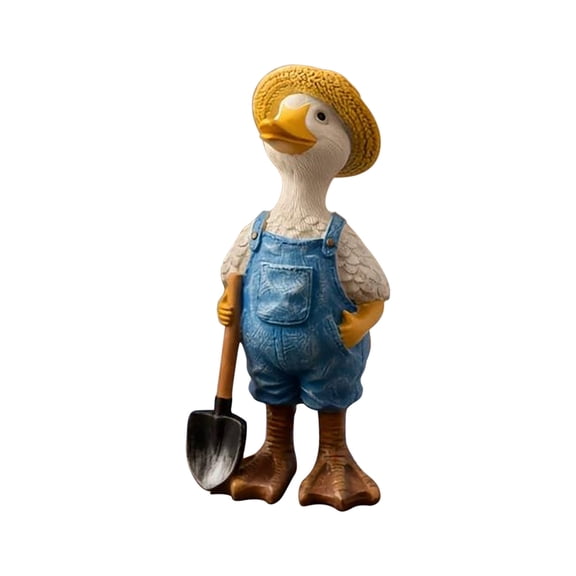 GNOIX Resin Goose Figurine, Gardener Duck Statues Wearing Overall Jean Cartoon Farm Animals Art Sculpture Holding a Garden Shovel and Carrying a Flowerpot, Decor for Table Tray, 5inch