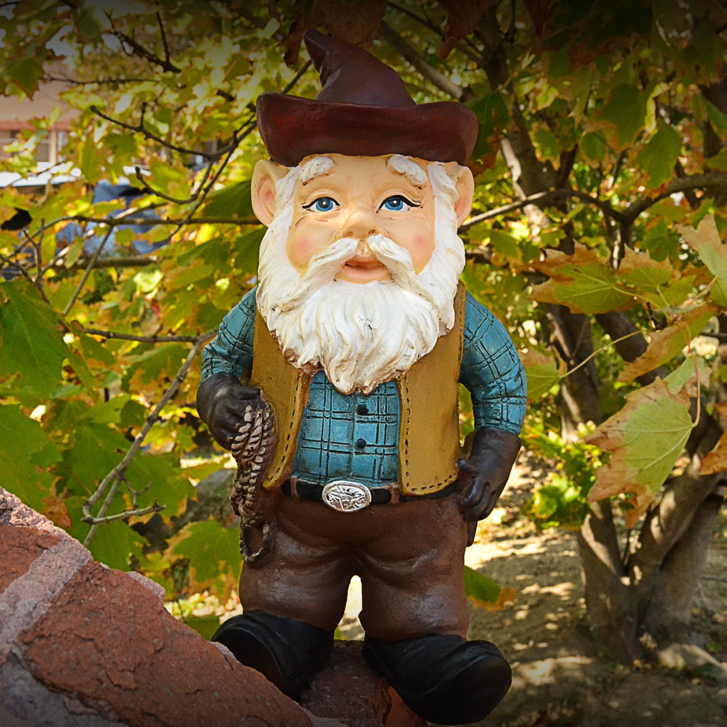 Blue and Brown Cowboy Gnome Garden Statue