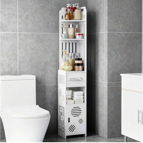 GNWZCUYSNS 1-Piece Ultra-Thin Corner Bathroom Storage Cabinet, Space-Saving Freestanding PVC Shelf with Toilet Paper Holder, Easy-to-Assemble Home Storage Rack