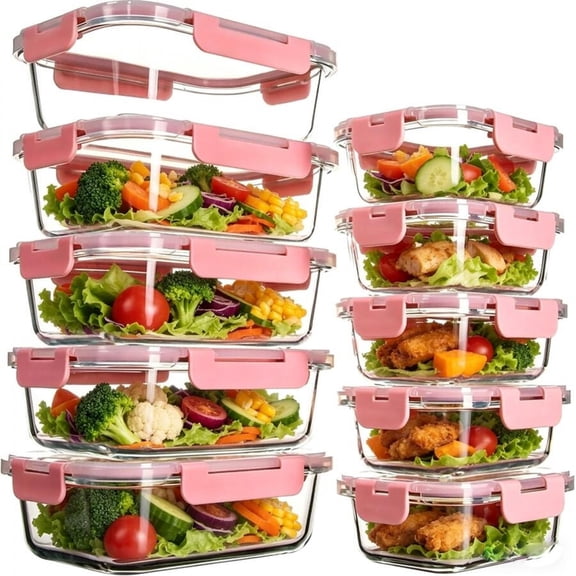 GNWZCUYSNS 10-Piece Glass Lunch Container Set, Glass Food Storage Containers with Lids, Microwave, Refrigerator and Dishwasher Safe.-Pink