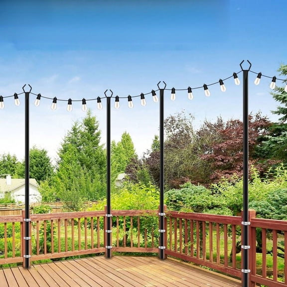 GNWZCUYSNS 10Ft 4 Pack String Light Poles,Light Poles for Outside Lights,Outdoor with Fence Brackets Hanging Lights,Metal Stand Deck Patio Backyard, Heavy Duty Stepped-In 3-Prong Base Light Pole
