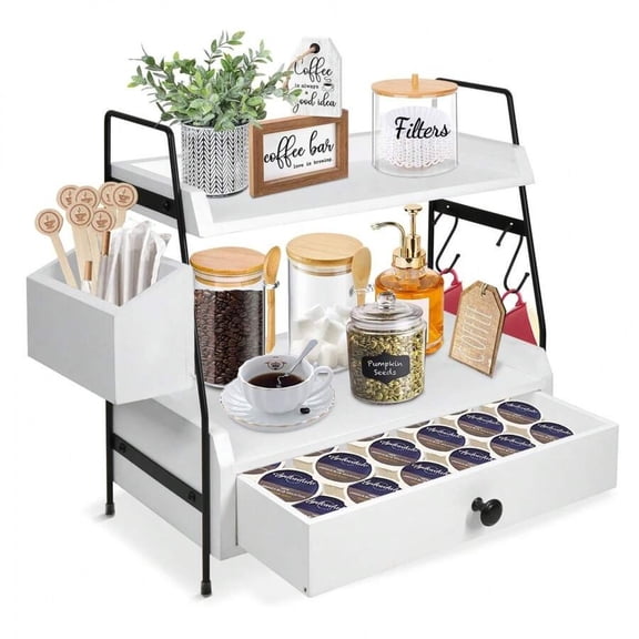 GNWZCUYSNS 2 Tier Coffee Bar Accessories Station, Wood Kitchen Countertop Organizer With Drawer and Hooks, Pod Holder for Bar Decor, Syrup Snack Storage-White