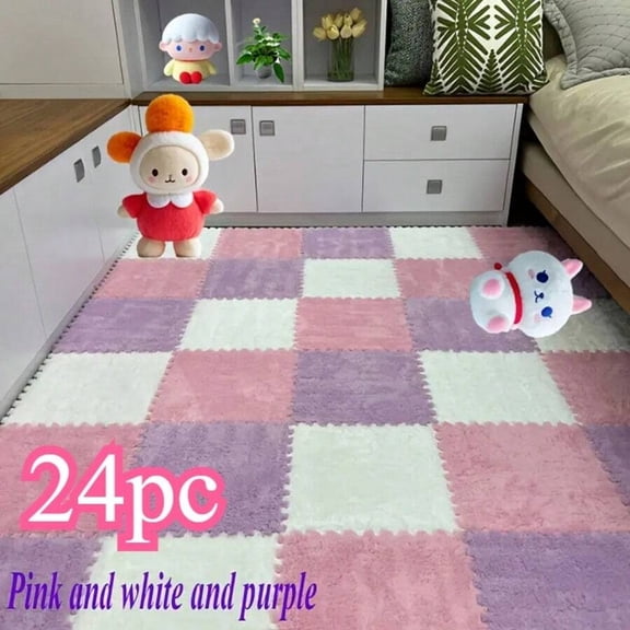 GNWZCUYSNS 24pc Inspired Interlocking Carpet Pads, Easy To Clean, Square Pattern, Non-Slip EVA Backing, Protective Floor Tiles, Exercise Mat Pink, White and Purple
