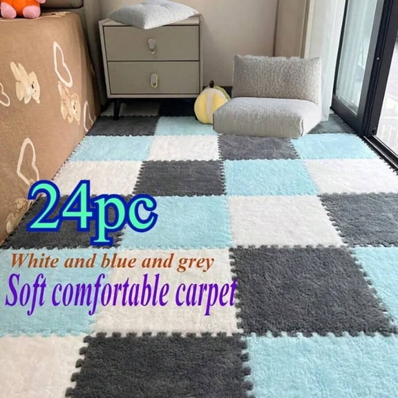 GNWZCUYSNS 24pc Inspired Interlocking Carpet Pads, Easy To Clean, Square Pattern, Non-Slip EVA Backing, Protective Floor Tiles, Exercise Mat White Gray Blue