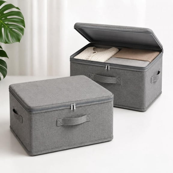 GNWZCUYSNS 2pcs Foldable Fabric Storage Boxes with Zipper Lids & Handles, Stackable Closet Organizer Bins with Waterproof Lining & Sturdy PP Board for Clothes Blankets  Bedding, Grey