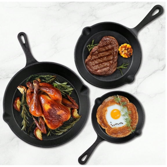 GNWZCUYSNS 3-Piece Cast Iron Frying Pan Set - Pre-Cureed, Professional Grade, Heavy-Duty Restaurant Quality, Oven-Safe, Suitable for Frying, Grilling, Deep-Frying, and Camping