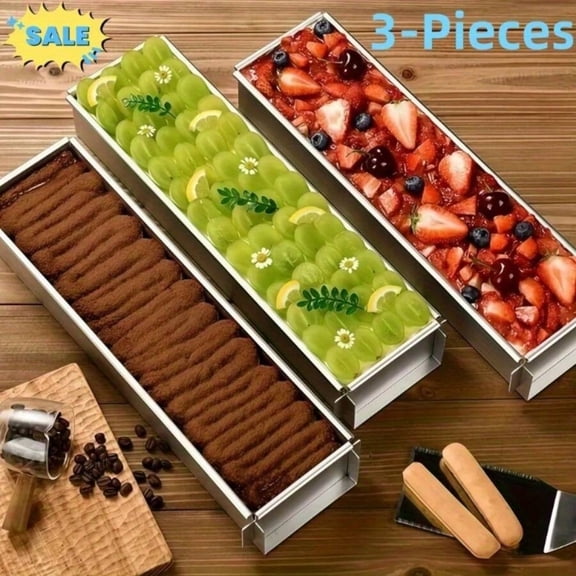 GNWZCUYSNS 3-Piece Durable Non-Stick Aluminum Rectangular Cake Mold Set with Removable Side Lids - Perfect for making tiramisu, cheesecake, and mousse. Stable bottom, reusable.