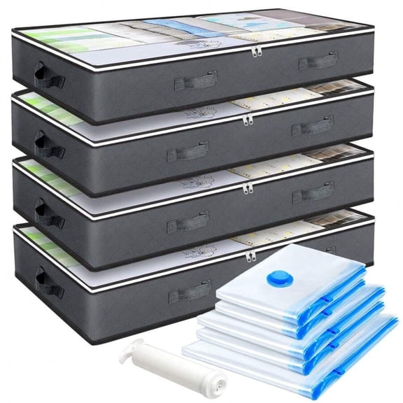 GNWZCUYSNS This 4-piece large under-bed storage box set includes 5 vacuum storage bags, a manual air pump, and a sturdy handle. The foldable under-bed storage boxes/vacuum bags save space.