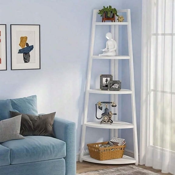 GNWZCUYSNS 5-Tier White Corner Bookshelf, Heavy-Duty Space-Saving PP Corner Bookcase, Bohemian Floor Standing Storage Organizer, for Living Room, Home Office & Kitchen Balcony