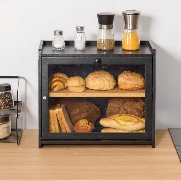 GNWZCUYSNS Double-Layer Bread Box, Large-Capacity Bamboo Bread Storage Box, Perfect for Storing Homemade Bread, with Acrylic Wavy Door - Trapezoidal Double-Layer Black