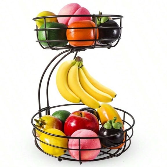 GNWZCUYSNS Double-Layer Countertop Fruit Basket Bowl with Banana Hook, Modern Standing Fruit and Vegetable Storage Bowl, Wire Fruit Rack with Banana Tree Stand