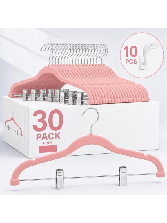 Flocked Velvet Clip Hangers, Retractable Adjustable Clips Trouser Skirt Hangers, for Denim Pants, Midi Skirts, Casual & Athletic Shorts - Pink-30 Pieces
