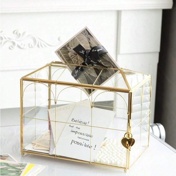 GNWZCUYSNS Gold Glass Wedding Card Box With Slot, 10.2 X 5.9 X 7.9 Inches Handmade Vintage Gold Wedding Card Boxes for Reception, Keepsake, Graduation, Party Decorative Box