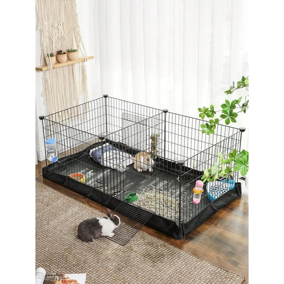 GNWZCUYSNS Metal Grid Small Animal Playpen with Waterproof Washable Liner, 2 Separate Spaces for Rabbits, Ferrets, Bunnies, Hedgehogs, 48.4 X 24.8 X 18.1 Inches, Black