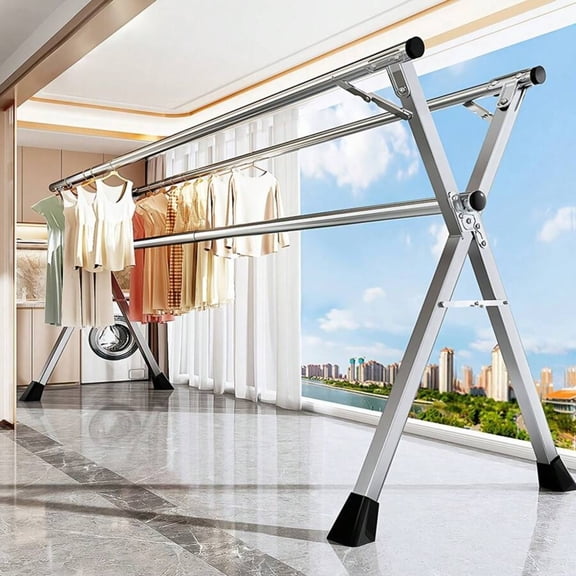 GNWZCUYSNS One-Piece Heavy Duty Stainless Steel Folding Clothes Rack, Indoor/Outdoor Universal Folding Clothes Rack, Foldable Clothes Rack, Stainless Steel Folding Clothes Rack - Silver