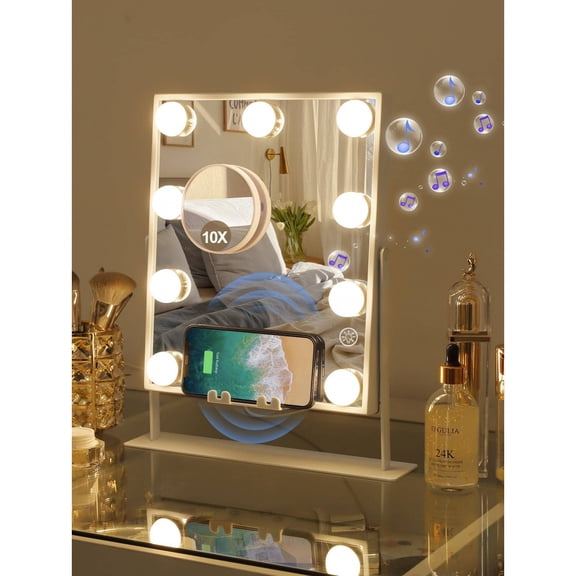 GNWZCUYSNS  Vanity Mirror with Lights 9 Dimmable Bulbs Wireless Charger Bluetooth Speaker,Makeup Mirror with Smart Touch Control for Glam Room Bedroom Detachable 10X Magnification White