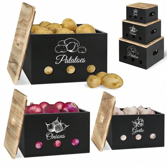 GNWZCUYSNSWoden Storage Basket Set (3 pieces) - Farmhouse kitchen storage containers for potatoes, onions, garlic, etc., white powder-coated, rectangular, includes three lids, portable.