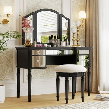 GoDecor Large Bedroom Vanity Set with Drawers, Sliding Lighted Mirror ...