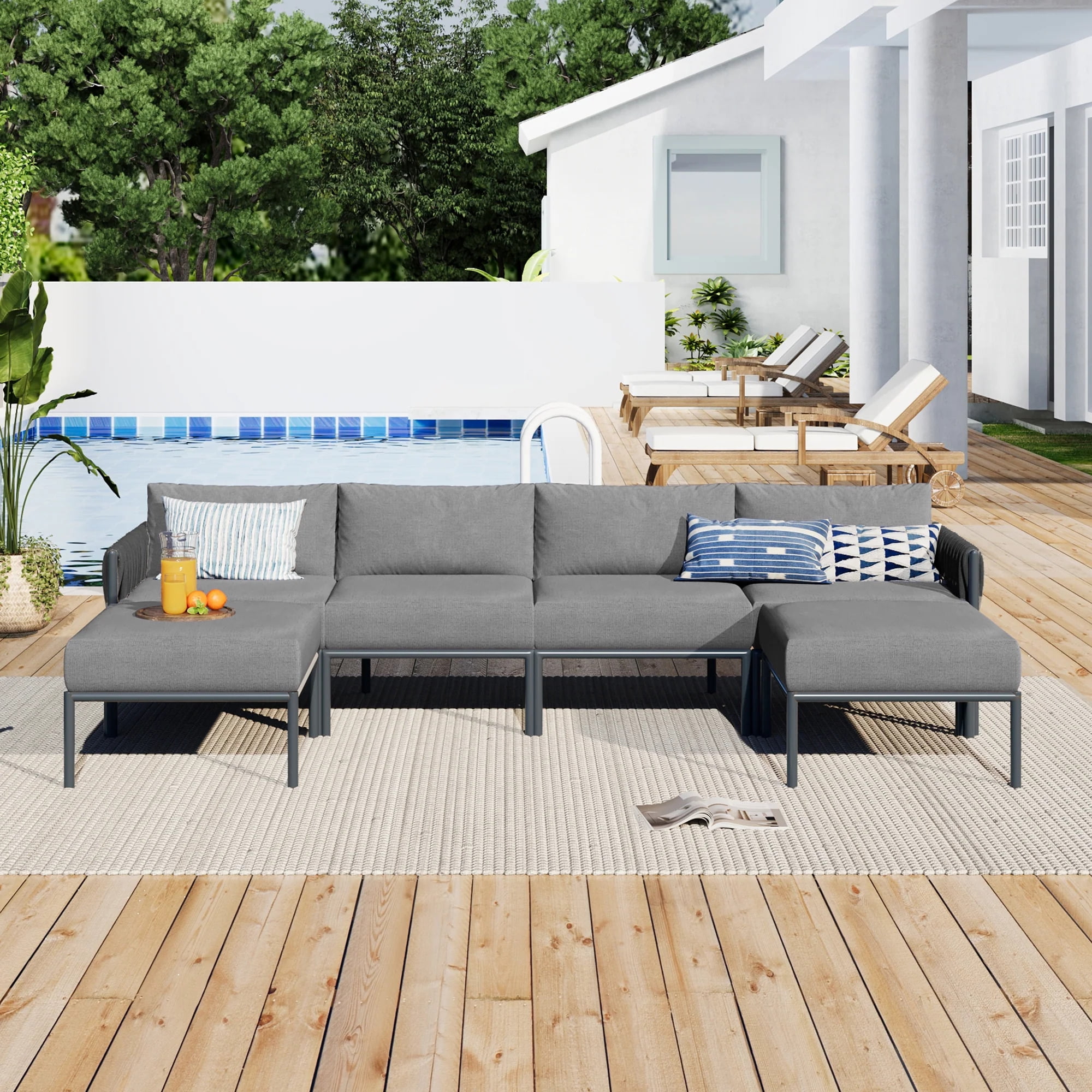GO 6 Pieces Aluminum Patio Furniture Set Modern Metal Outdoor Conversation Set Sectional Sofa With Removable Olefin Extra Thick Cushions 5.9 Cushion Grey Walmart