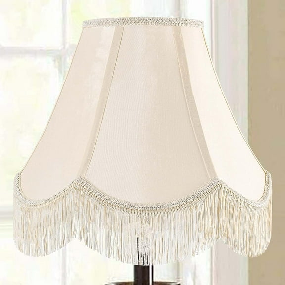 GO&SO 1 Pcs Yellowish Beige Silk Victorian Lamp Shade – Scalloped Bell Design with Fringe Trim, 6x13x10.6 Inch (Spider Fit), Fabric Replacement Shade for Table & Floor Lamps, Easy Snap Assembly