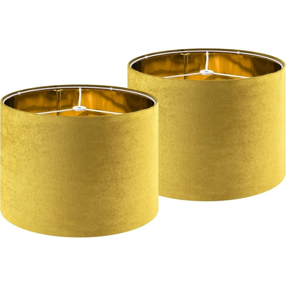 GO&SO Yellow Velvet Drum Lamp Shade Set of 2 Medium 13" Top x 13" Bottom x 10" High(Spider) Modern Lamp Shades For Table Lamps & Bedside Lamp Replacement Lampshade, Hand Crafted, Required Assembly