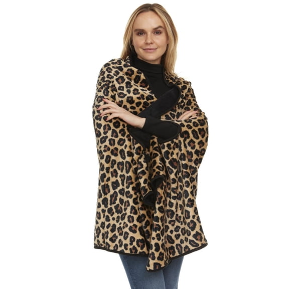 GO UNDER Ladies Reversible Wearable Blanket Wrap with Arm Holes - Soft & Cozy, Black Leopard