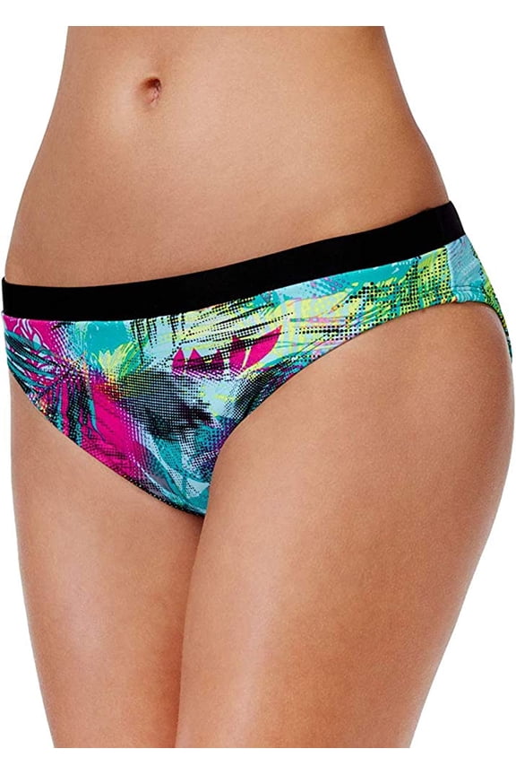 GO by Gossip Women's Palm Printed Hipster Bikini Swim Bottom with Contrast Band, Black/Green, Medium