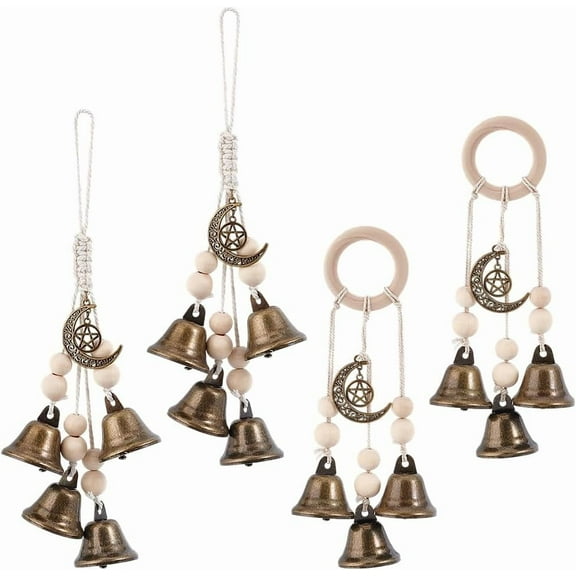 GOAMKERER 4 Pcs 2 Styles Bells for Door Knob Bells Door Knob Hanger Bell Wind Chimes Hanging Bells with Rope for Witchy Room Home Decor Witchy Gifts Bronze
