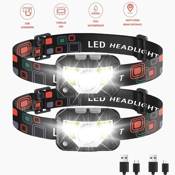 GOANDO 2 Pack Headlamp Rechargeable LED 1200 Lumen Headlights with 8 Mode Motion Sensor White Red Light Waterproof for Running Cycling Camping Jogging Head Lamp