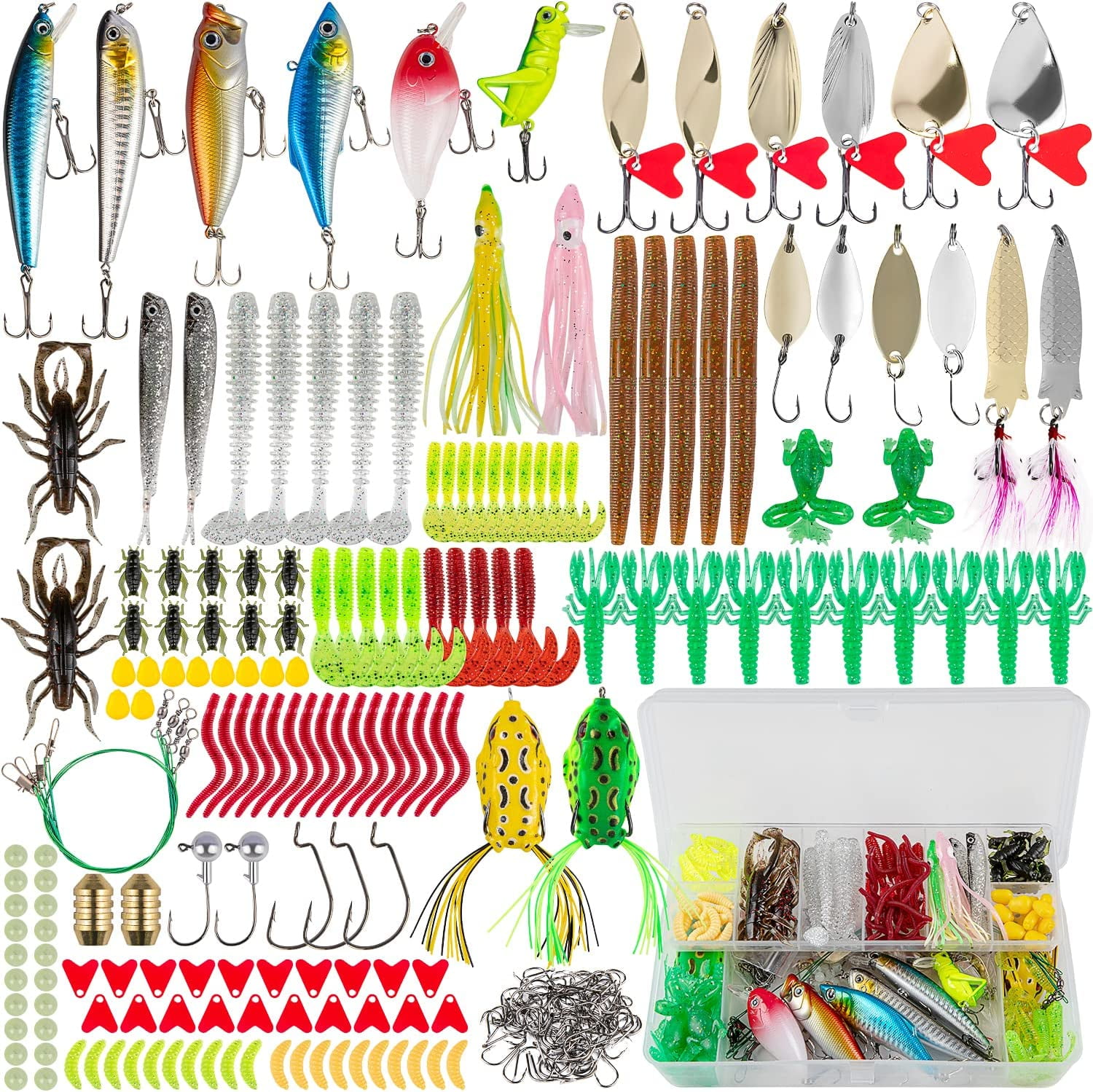 GOANDO Fishing Lures 380Pcs Fishing Gear for Bass Trout Salmon Fishing Kit  Tackle Box with Plugs Jigs Crankbaits Spoon Poppers Soft Plastics Worms and  More Fishing Accessories Fishing Gifts for Men 