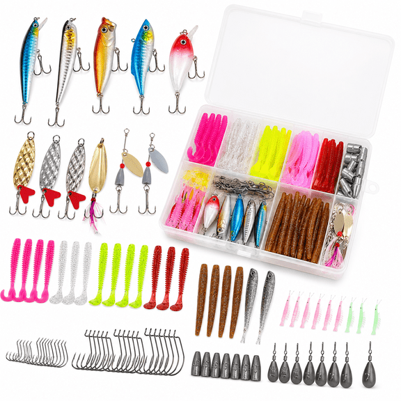 GOANDO Fishing Lures for Bass Trout Salmon 160pcs Fishing Tackle Box for Freshwater and Saltwater Fishing Gear and Equipment Fishing Bait Spoon Soft Plastic Worms Crankbait Jigs Fishing Hooks