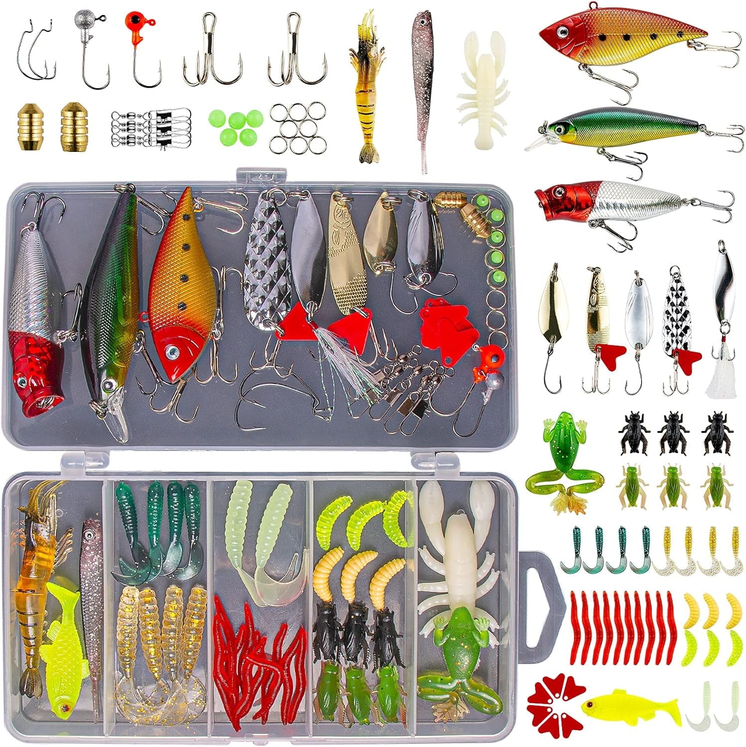GOANDO Fishing Lures Kit, 78-Piece Tackle Box, Sharp Hooks, Worms, Crankbaits, Freshwater and Saltwater Accessories