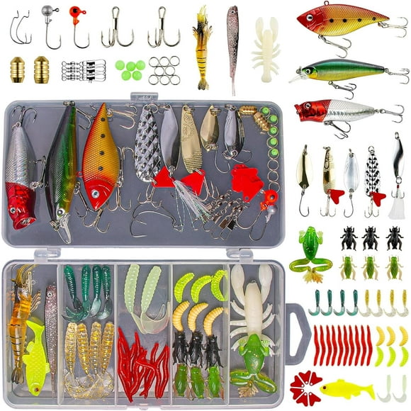 GOANDO Fishing Lures, 78pcs Fishing Gear Included Tackle Box for Bass/Saltwater/Trout/Worms, Fishing Gifts for Men