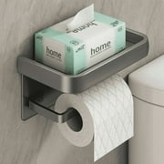 GOANDO Self Adhesive Toilet Paper Holder with Phone Shelf Free Punch Wall Mounted Toilet Roll Holder Bathroom Washroom Toilet Paper Holder Stand Grey