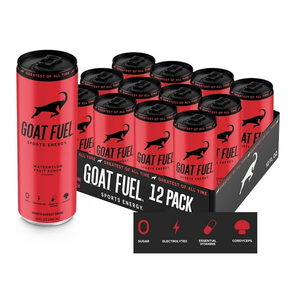 GOAT Fuel Preworkout Sports Energy Drink | Sugar-Free Pre Workout Healthy Energy Drink with Cordyceps Mushroom | Increase Mental and Physical Performance | with BCAAs and Electrolytes | 12 Pack | Wa
