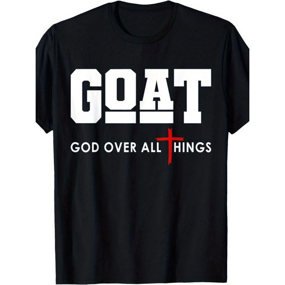 GOAT Graphic T-Shirt - A Black Crew Neck Shirt Featuring White Text And a Red Cross Design | Edition with The Statement "God Is The Master of All"  | A Distinctive Gift Option for Those Who Lov