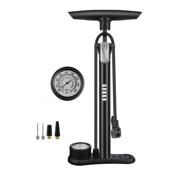 GOBKO Bike Floor Pump with Gauge,Floor Bicycle Pump with Both Presta and Schrader Bicycle Pumps Valves High Pressure 160Psi Multi-Purpose Portable Air Pump for Road Bike MTB Sports Balls