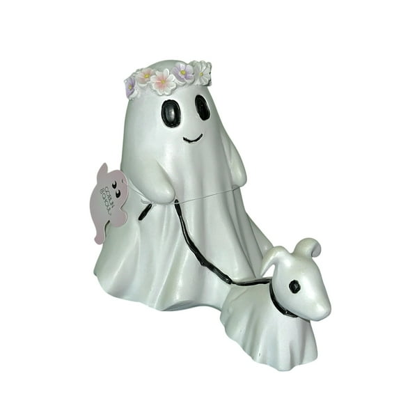 GOBLIN & GHOUL Ghost Girl W Flower Crown Walking Dog Figurine Tabletop Decor NWT