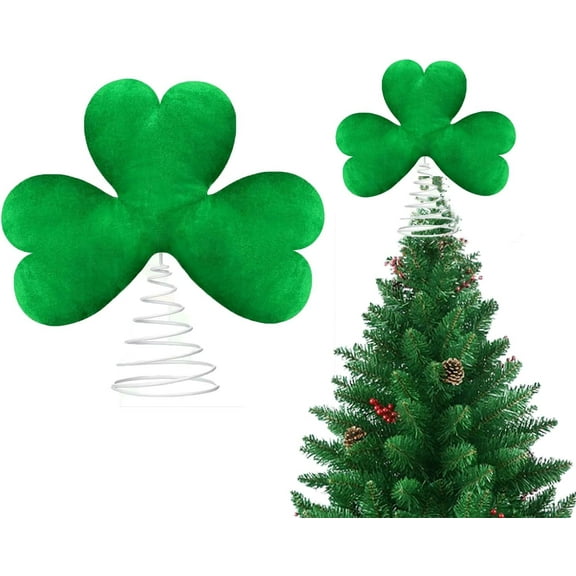 GOBWCOT 12 Inch St Patrick's Day Tree Topper,Green Plush Lucky Shamrock with Metal Base Decor,Treetop Tree Decoration for St Patrick's Day Holiday Party