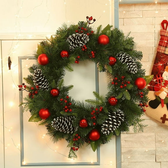 GOBWCOT 18Inch Christmas wreath, pre-assembled artificial Christmas wreath with red berries, pine cones and pine needles, suitable for Christmas wreath decoration on front door