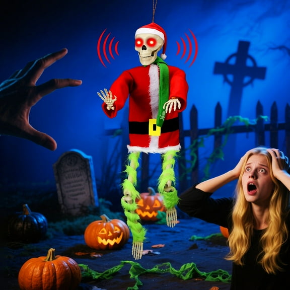 GOBWCOT 48-inch Halloween Skeleton Includes Santa suit and hat, scarf and skeleton body, Halloween Christmas Party Supplies for Outdoor Yard with LED Eyes & Sound
