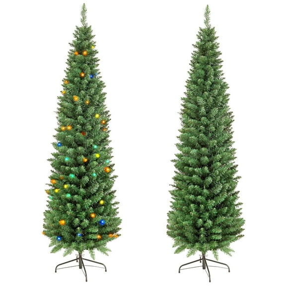 6FT PVC Artificial Christmas Tree Holiday Decor Slim Pencil Tree Metal Stand 8 Flashing Modes And 4 Colors Of LED Lights