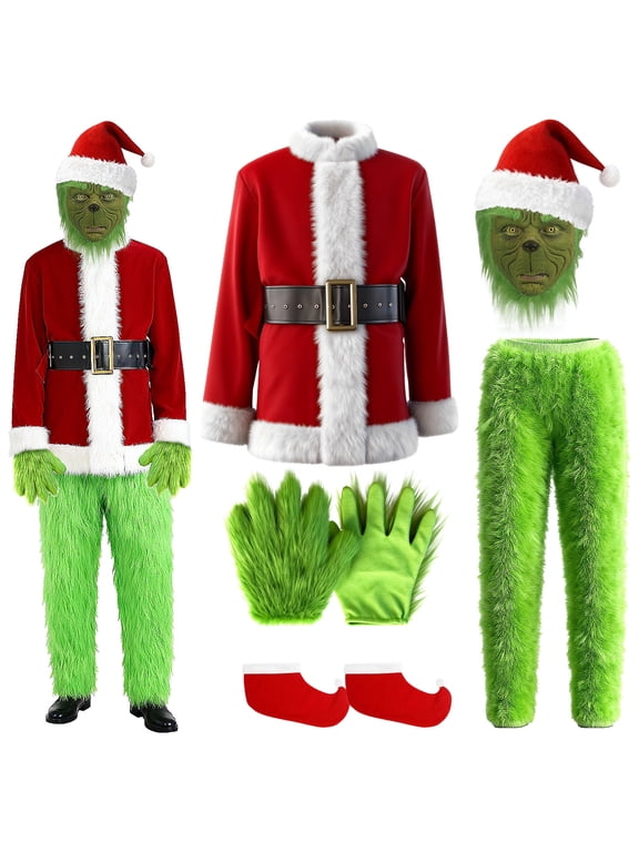 Green Furry Santa Claus Costume for Adults, Christmas Santa Outfit Suit for Xmas Halloween Party Holiday Cosplay