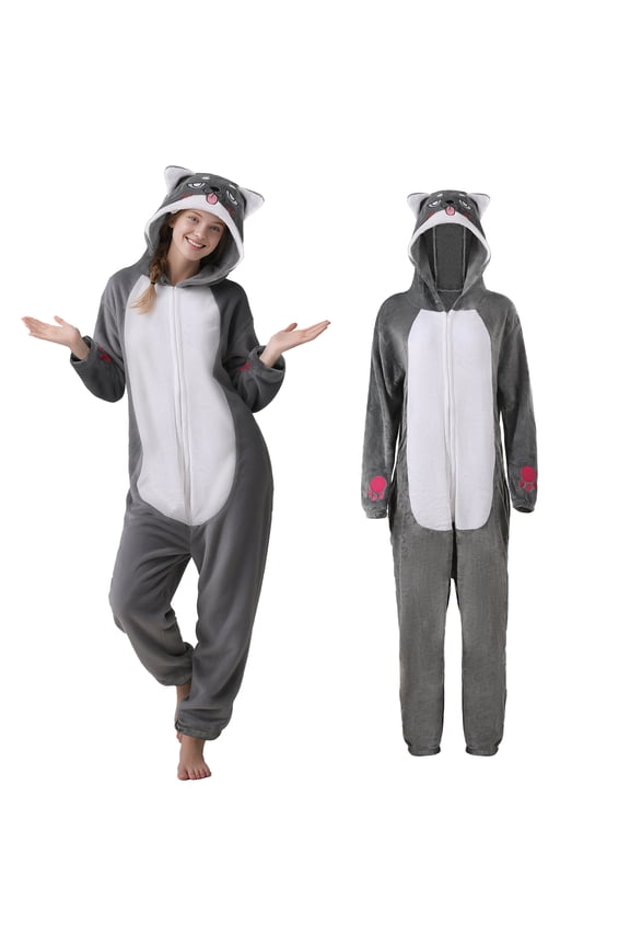 Adult Husky Costume Dog Onesie Adults Unisex Animal Hooded Jumpsuit Cozy Flannel One-Piece Pajamas Halloween Costume