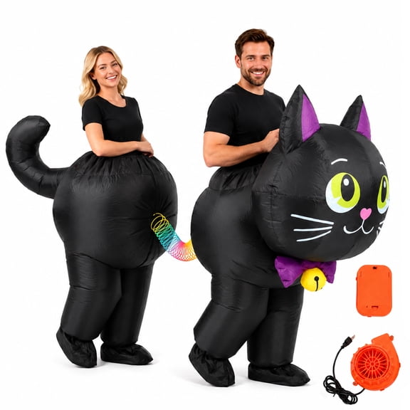 GOBWCOT Adult Inflatable Black Cat Couple Costume, Funny Blow Up Black Cat Fancy Dress for Halloween Cosplay, Group Party, Parade, One Size Fits Most Adults